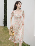 Ebbgo  French Romantic Floral Dress Female Pink Print Lace Square Neck Chic Vintage Dresses For Women's Summer Elegant Fairy Vestidos