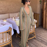 Ebbgo  -  Colorful Striped Women Crochet Knit Long Dresses Maxi Party Dresses Robe Flared Long Sleeve V-neck Sexy Club Funky Beach