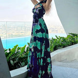 Ebbgo  -  Sexy V-neck Backless Crossover Tie-up Long Dress Women Fashion Tie-Dye Printed Party Dress Casual Sleeveless Waist Maxi Dresses