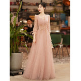 Ebbgo  -  Dresses medium length Pink dinner dress party evening floral cocktail graduation Banquet lace long sleeve gala ball gown H112