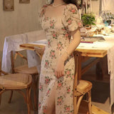 Ebbgo  -  New Fairy Long Dress French Tea Break Design Sense Small Square Collar Bubble Sleeve Floral Skirt Summer