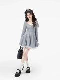 Ebbgo  -  Fall New French Dress Square Neck Sexy Mini Woman Dress For Women Grey Fashion Slim-fit Bouffant Aestheti Dress