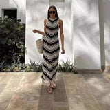 Ebbgo  -  Striped Knitted Beach Dress Women Fashion Tassel Slim Long Dresses Summer Sleeveless Bohemian Holiday Dress Beachwear