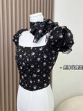 Ebbgo  Vintage Floral Print Women Slim Chiffon Shirt New French Style Square Collar Puff Sleeve Crop Blouses Female Elegance Chic