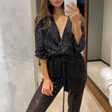 Ebbgo  -  Office Lady Elegant Tie-Up Sparkling Glitter Jumpsuit Fashion Shiny Paillette Long Sleeved Romper Women V-Neck Sequins Jumpsuits