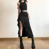 Ebbgo  Sexy Black Bodycon Long Skirt Women Gothic Ruffles Patchwork Split High Waist Slim Irregular Midi Skirts Y2k Streetwear