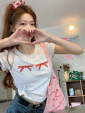 Ebbgo  Bow Embroidery Slim Short Sleeve T-Shirt Women's Summer Korean Style Y2k Crew Neck Short Top 90s Girls Streetwear