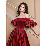 Ebbgo  -  Party dresses Gala ballgown Dinner evening dress red Princess Red satin off-Shoulder L046