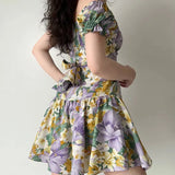 Ebbgo  -  Summer New Large French Retro Oil Painting Flower Bubble Sleeves Short Sleeved Dress with Back Strap Short Skirt