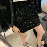 Ebbgo  Black Mini Sequin Skirt Women Korean Fashion Sexy Elastic Waist Slim A-line Short Skirt with paillettes Casual Autumn