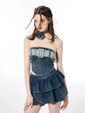 Ebbgo  -  Women's Summer Sexy 2 pcs Sets Off Shoulder Denim Tops+High Waist Pleated Jean Skirt Set