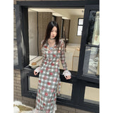 Ebbgo  Women's Clothing Check Dress New Chinese Style Tea Break French Style Contrast Color Chic Unique Female Temperament Lace Skirt