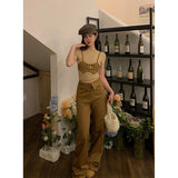 Ebbgo  Women Vintage Brown Cargo Jeans Straight High Waist Wide Leg Pants Casual Self Cultivation Baggy Denim Trouser Ladies Summer