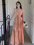 Ebbgo  -  Summer Fashion Pleated Beach Long Dresses New Elegant Spaghetti Strap Vacation Ruffles Holiday Sundress Female A line Robe