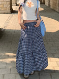 Ebbgo   Vintage Ruffled Plaid Long Skirts Womens Spring Summer Streetwear Casual Sweet Elastic Waist A-Line Skirts 2024 New