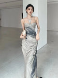 Ebbgo  -  Tie Dye Luxury Designer Long Halter Dresses For Women Summer Backless Ruched A-Line Maxi Dress Fashion Clothing