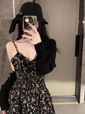 Ebbgo  -  Elegant Black Floral Slim Waist Camisole Dress for Women+ Y2k  Fit Long Sleeve Cardigan Summer New Two Piece Sets