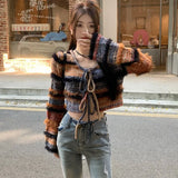 Ebbgo  -  Striped Knitted Two Piece Sets Sweet Bow Lace Up Long Sleeve Cardigan Coat+ Autumn Winter New Slim Fit Bodycon Strap Dresses