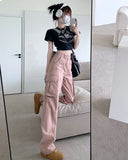 Ebbgo  -  Pants Women's Pink Jeans High Waist Straight Pants Spring American Loose Overalls Wide Leg Pants