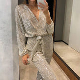 Ebbgo  -  Office Lady Elegant Tie-Up Sparkling Glitter Jumpsuit Fashion Shiny Paillette Long Sleeved Romper Women V-Neck Sequins Jumpsuits