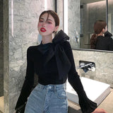 Ebbgo  French Style Bow Flare Sleeve Pullovers Women  Temperament Slim Bottoming Sweater Ladies Simple All-Match Jumper Knitwear