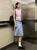 Ebbgo  Summer Pleated Skirt Women Girls Blue Jeans Midi Knee-length Denim Skirt A-line Long Skirt Y2k Korean Vintage Skirt