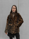 Ebbgo  Retro Leopard Short Bomber Jacket Coat Women Casual Lapel Single Breasted Short Cropped Elegant Winter Warm Outwear Jackets 2024