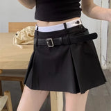 Ebbgo  Belt Pleated Mini Skirt Women Korean Style Preppy Summer Patchwork High Waist Casual A-line Skirt Shorts Streetwear