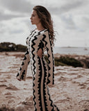 Ebbgo  -  Wave Striped Women Knitted Maxi Dress Elegant O-neck Long Sleeve Bodycon Dress Autumn Streetwear Party Robe