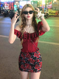 Ebbgo  -  Woman 2000s Korean Fashion 2 Piece Skiet Set Beach Casual Red Crop Tops + Floral Slim Y2k Mini Skirt Hot Girls Sweet Suit