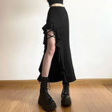 Ebbgo  Sexy Black Bodycon Long Skirt Women Gothic Ruffles Patchwork Split High Waist Slim Irregular Midi Skirts Y2k Streetwear