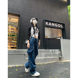 Ebbgo   Vintage Dark Blue Women Cargo Jeans Summer Y2K Streetwear Loose Pocket High Waist Denim Pants Bf Straight Wide Leg Trousers