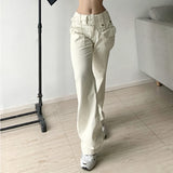 Ebbgo  Spring White Vintage High Waist Jeans Fashion Pocket Straight Wide Leg Pants Street Casual Baggy Mopping Denim Trouser Ladies