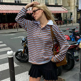 Ebbgo  -  Women Clothes American Style Cool T Shirt Niche Contrast Color Striped Loose T-shirt Autumn Fashion Retro Long Sleeve Top