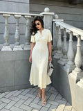 Ebbgo  -  Elegant Solid Pleated Hem Knitted Dress Women Fashion O-neck Short Sleeve Single Breasted Dresses Chic Female High Street Robes