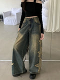 Ebbgo  -  American Hot Girl Ruffled Star Straight Leg Jeans Women's Spring Water Washed Distressed High Waisted Fashion Wide Leg Pants