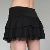 Ebbgo    Black Ruffle Skirt Women Gothic Bow Lace Patchwork Sexy Y2K High Waist A-line Extreme Mini Skirt Fairy Grunge Streetwear