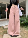 Ebbgo  Women's Pink Wide Leg Jeans American Fashion Vintage High-waisted Loose Straight-leg Trousers Streetwear Y2k clothes