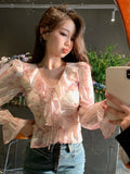 Ebbgo  Chiffon Print Elegant Vintage Blouse Women Flare Sleeve Fairy Sweet Blouse Female Ruffles France Style Causal Tops Summer