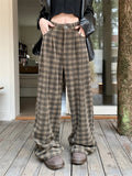 Ebbgo  Women's Vintage Plaid Casual Thin Pants Street Chic Retro Style Young Girl Wide-leg Bottoms Female High Waist Straight Trousers