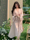 Ebbgo  French Romantic Pink Chiffon Long Dress V-neck Flare Sleeve vestido maxi robe femme chic et élégante soiree longue wedding prom