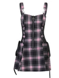 Ebbgo  Gothic Plaid Bandage Black Blue Dress Women Vintage Sleeveless Zipper Sexy Mini Dress Punk Aesthetic Summer A Line robe femme