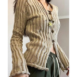 Ebbgo  -  Y2K Hole Knitted Cardigan Women Streetwear Hollow Out Sweater Coat Harajuku Vintage V Neck Tunic Knitwear Korean Slim Jumper Top