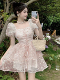 Ebbgo  France Sexy Floral Dress Women Summer Elegant Party Mini Dresses Casual Print Holiday High Waist Puff Sleeve Fashion Dress