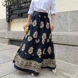 Ebbgo  -  New Summer Pattern Printed Loose Beach Skirt Casual High Waist Pleated Long Skirt Bohemian Women's Street Swing Half Skirt