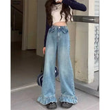 Ebbgo  Vintage Chic Loose Blue Denim Pants Women 2024 Spring New High Waist Flare  Y2k Grunge Ruffles Wide Leg  Mujer