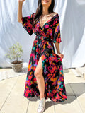 Ebbgo  -  Fashion V-Neck Short Sleeve Boho Beach Dress Casual A-Line Long Belt Sundress Robe New Print Pattern Women Summer Vestidos