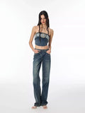 Ebbgo  -  Women's Summer Sexy 2 pcs Sets Off Shoulder Denim Tops+High Waist Pleated Jean Skirt Set