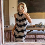 Ebbgo  -  Striped Knitted Beach Dress Women Fashion Tassel Slim Long Dresses Summer Sleeveless Bohemian Holiday Dress Beachwear