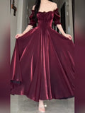 Ebbgo  -  Plump Girls French Socialite Graceful Puff Sleeve Square Collar Red Dress Large Size High-Grade Waist-Tight Long